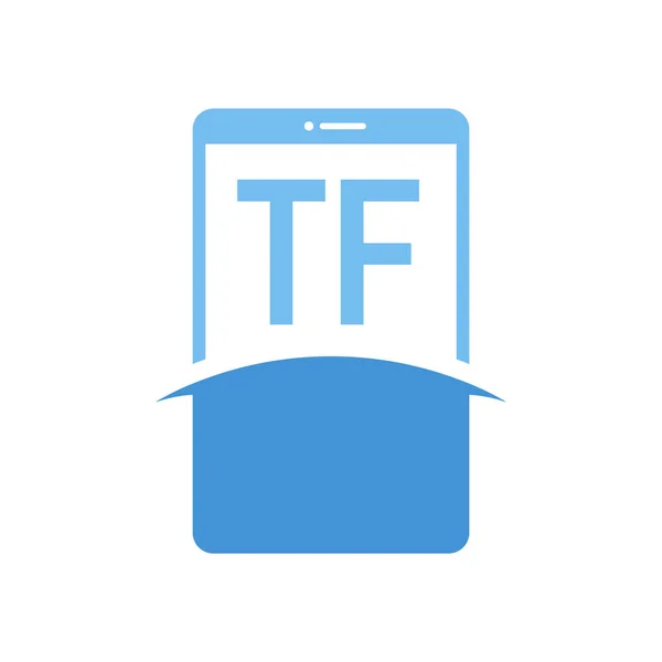 Tfスマートフォンのアイコンが付いた文字ロゴデザイン 現代の携帯電話のロゴコンセプト — ストックベクタ