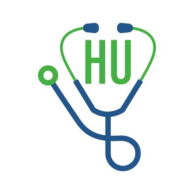 Stetoskop Simgesi ile HU Harf Logosu Tasarımı. Modern Sağlık Logosu Konsepti
