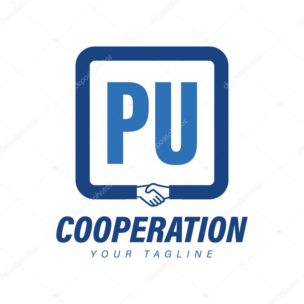 PU Letter Logo Design with Hand Shake Icon, Modern Cooperation Logo Concept