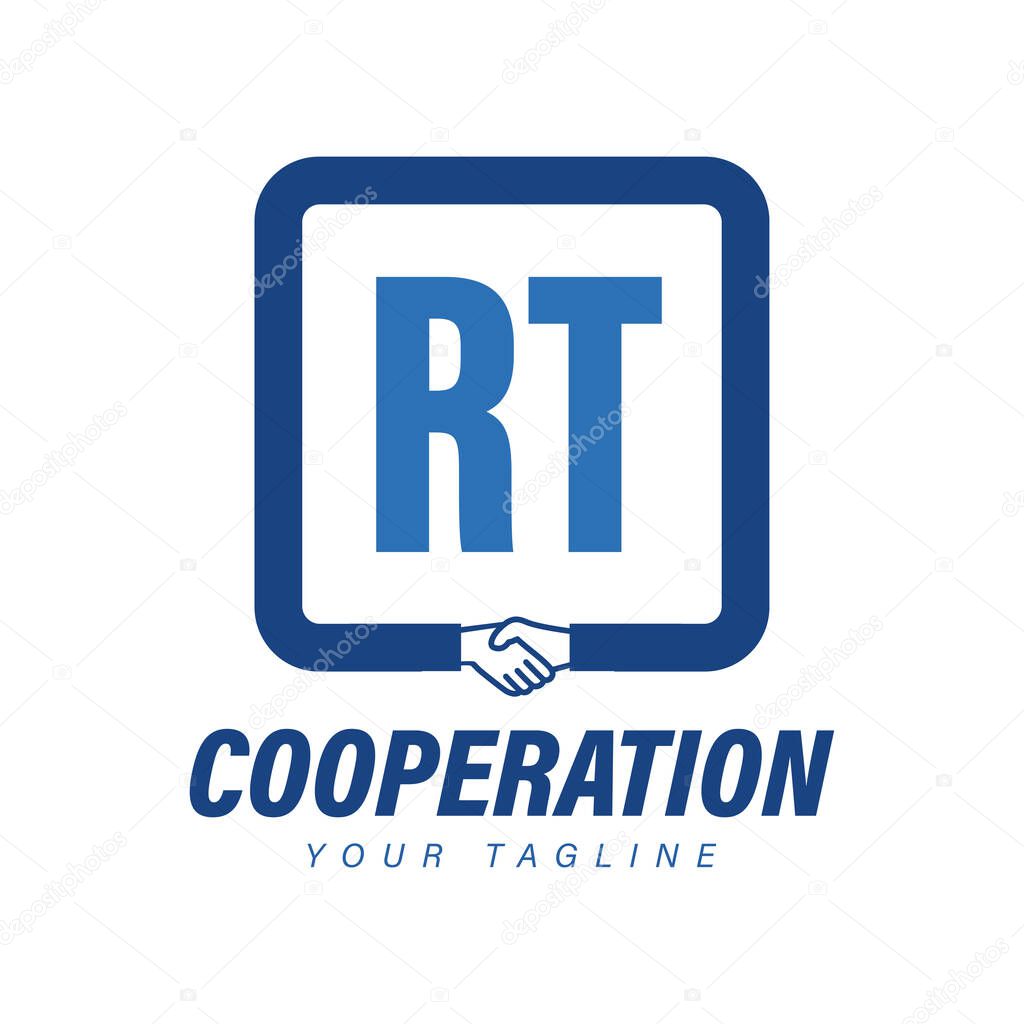 RT Letter Logo Design with Hand Shake Icon, Modern Cooperation Logo Concept