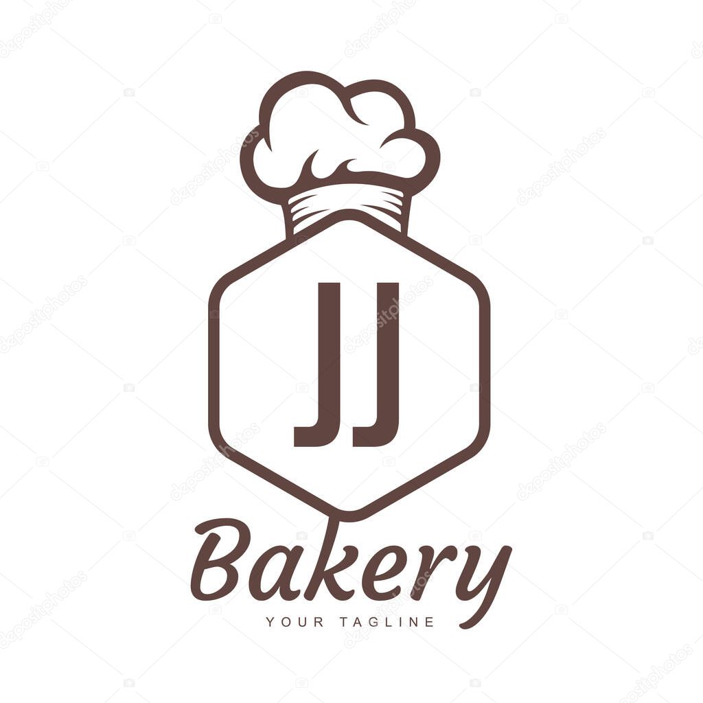 JJ Letter Logo Design with Chef Icon, Bakery Logo Concept