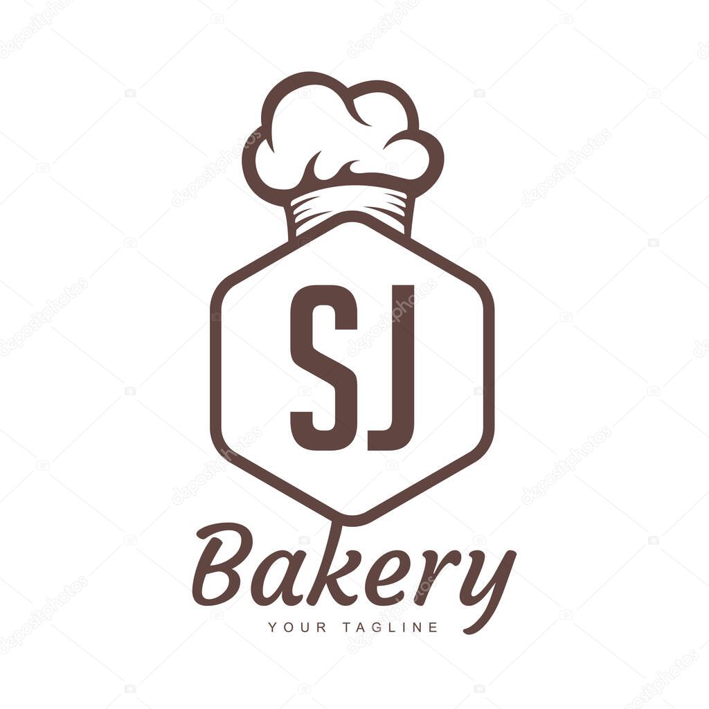 SJ Letter Logo Design with Chef Icon, Bakery Logo Concept