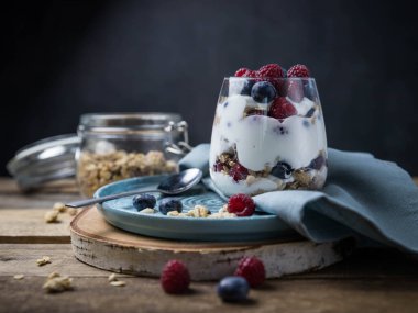 Böğürtlenli ve yoğurtlu granola parfe. Siyah arka planda granola, ahududu ve yaban mersinli parfe. Bardakta granola. . 