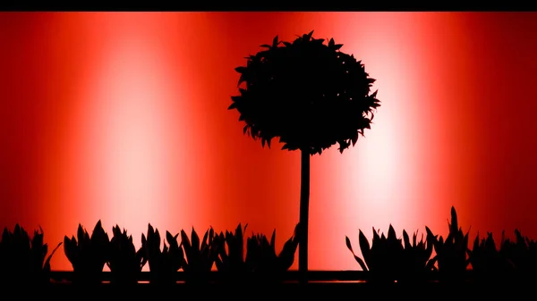 Still Life with tree and grass and with abstract red and black colors. Tree Silhouette with Contrast. Beautiful colors.