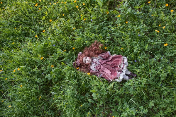 Muñeca vieja perdida en la hierba — Foto de Stock