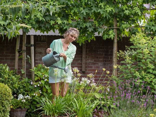 Блондинка средних лет поливала цветы в его саду — стоковое фото