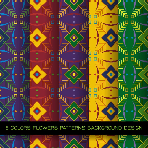 Σύνολο 5 χρώματα μοτίβα με λουλούδια και αφηρημένα διακοσμητικά στοιχεία σχεδίου — Διανυσματικό Αρχείο