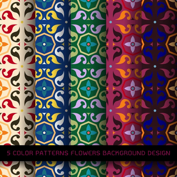 Σύνολο 5 χρώματα μοτίβα με λουλούδια και αφηρημένα διακοσμητικά στοιχεία σχεδίου — Διανυσματικό Αρχείο