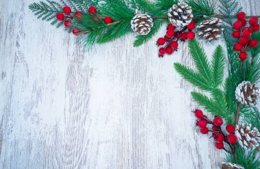 Süslü ladin dallarıyla yeni yılın fotoğraf çerçevesi. Yeni yıl çerçevesi.