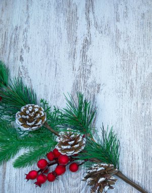 Ladin dalı, böğürtlen ve külahlı mutlu Noeller. Yeni yıl kartı