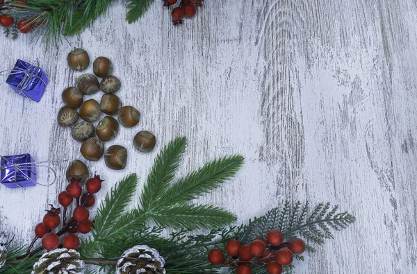 モミの枝やヘーゼルナッツと新年カード クリスマス フレーム — ストック写真