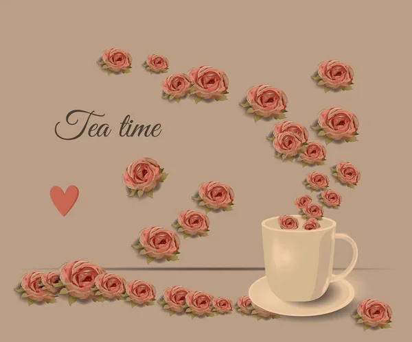 バラとお茶のカップ — ストックベクタ