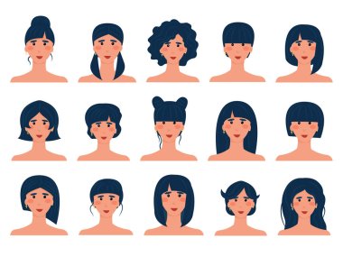 set of 15 brunette avatars with different hairstyles. Isolated image of a European girl with dark hair. Hairstyle options. Vector illustration. clipart