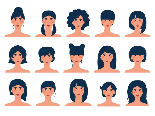 一组15个发式不同的黑发鳄梨 一个黑头发的欧洲女孩的孤立形象 发型的选择 矢量说明 — 图库矢量图片