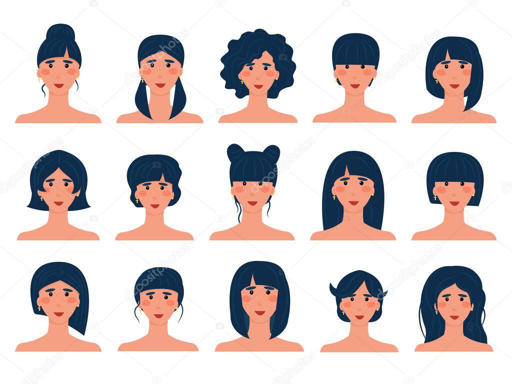 set of 15 brunette avatars with different hairstyles. Isolated image of a European girl with dark hair. Hairstyle options. Vector illustration.