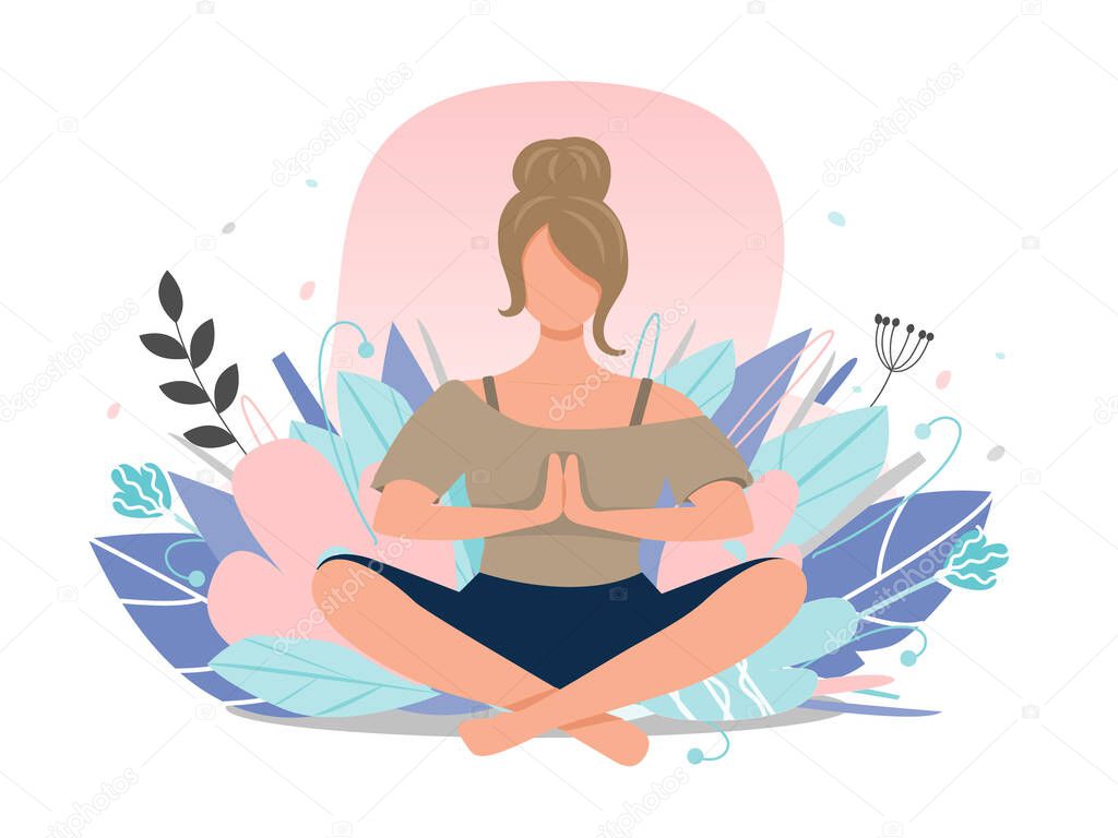 Woman meditating  in nature among flowers. Concept illustration for yoga, meditation, relaxation, healthy lifestyle. Pastel shades. Vector illustration, flat.
