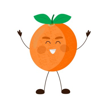 Beyaz arka planda izole edilmiş mutlu turuncu şirin. Gülümseyen meyve karakteri. Vektör illüstrasyonu.