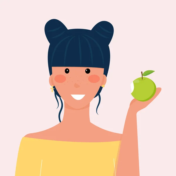 Kız Yeşil Bir Elma Yiyor Diyet Yemek Sağlıklı Yaşam Tarzı — Stok Vektör
