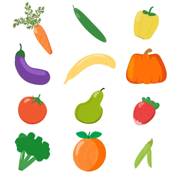 Conjunto Vegetais Frutas Isoladas Para Livros Infantis Ajudas Educacionais Etiquetas — Vetor de Stock