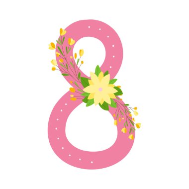 Uluslararası Kadınlar Günü. Pankart, broşür, 8 Mart için güzel bir kart. Mimoza dalları ve sarı çiçekle süslenmiş, izole edilmiş pembe figür sekiz. Vektör illüstrasyonu