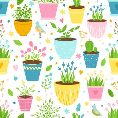Seamless pattern with flowers in pots, birds, berries and leaves. Cute print for curtains, kitchen towels, wrappers, papers. Vector illustration. clipart