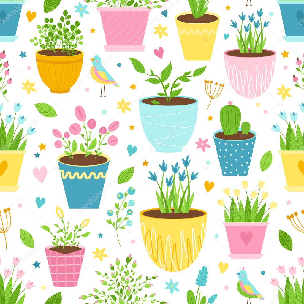 Seamless pattern with flowers in pots, birds, berries and leaves. Cute print for curtains, kitchen towels, wrappers, papers. Vector illustration.