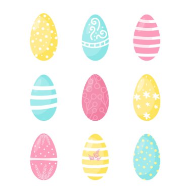 Beyaz arka planda 9 Paskalya yumurtası var. Kartpostal tasarımı, davetiyeler, reklamlar. Hassas renklerde süslenmiş yumurtalar. Vektör çizimi. Düz.