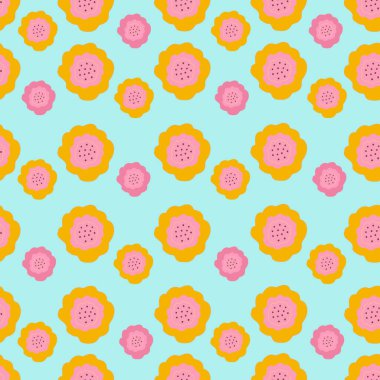 Mavi arka planda farklı boyutlarda şekillendirilmiş çiçekleri olan hoş, pürüzsüz bir desen. Kumaş, kağıt, tekstil, dekor üzerindeki baskı kalıpları. Vektör illüstrasyonu.
