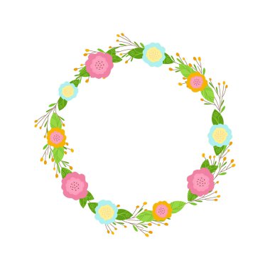 Bahar çiçekli çelenk. Şirin stilize çiçekler ve meyveli dallar. Kartpostal şablonu, davetiyeler, posterler, reklamlar, hikayeler. Vektör illüstrasyonu.