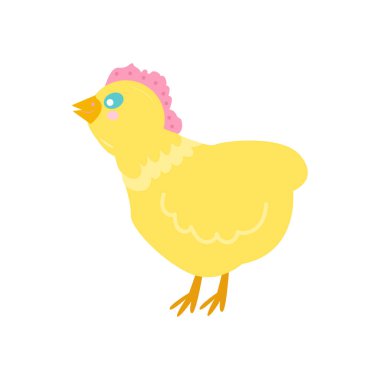 Beyaz arka planda sarı tavuk görüntüsü var. Paskalya kartları, çocuk kitapları, çıkartmalar, ambalajlar için tasarım öğesi. Çizgi film vektör illüstrasyonu.