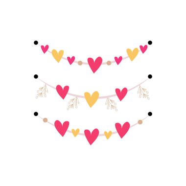 Kart tasarımı, davetiyeler, fiyat etiketleri, reklamlar, çocuk dergileri, ambalajlar, çıkartmalar için kalpleri olan çelenkler. Vektör illüstrasyonu, karalama biçimi