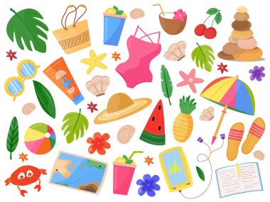 Bir dizi yaz plajı elementi. Tropik canavar yaprakları, mayo, giysi, bakım, eğlence. Deniz tatilinin izole nesneleri. Vektör illüstrasyon çizgi film biçimi