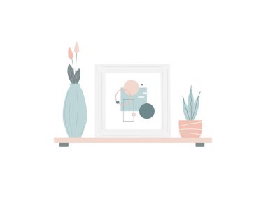 Vazolu duvar rafı, saksı ve çerçeveli soyut resim. Oda dekorasyonu, yatak odası tasarımı, oturma odası, çalışma odası. Vektör çizimi. Düz