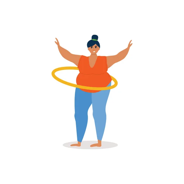 Fat Girl Twists Hoop Woman Losing Weight Playing Sports Cardio — Stock Vector