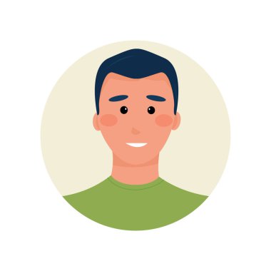 Yeşil tişörtlü, gülümseyen genç bir adamın avatarı. Öğrenci portresi, ortak, satış müdürü. Tavsiye için, robotlar, destek için. Vektör illüstrasyonu, düz