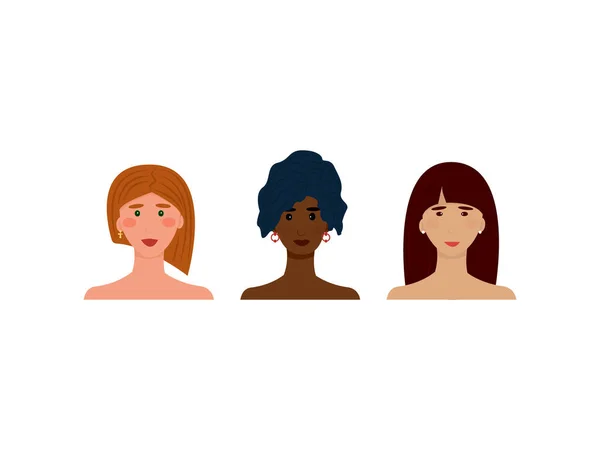 Avatarporträtt Afroamerikaner Asiater Och Européer Kvinnor Med Olika Hudfärger Designelement — Stock vektor