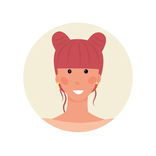 阿凡达微笑的女孩 两束头发 这种发型是粉红色的 独特的青年徽章 电子邮件 聊天机器人 矢量说明 — 图库矢量图片