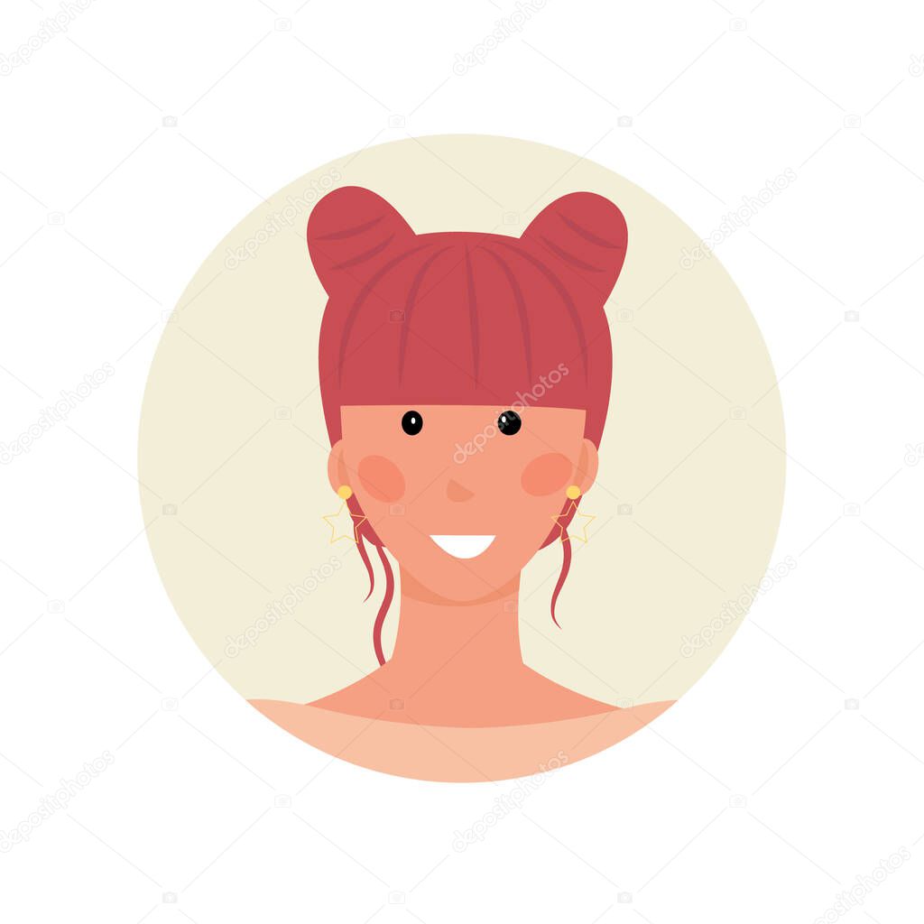 avatar smiling girl with two bundles of hair. The hairstyle is pink. Unique youth badge for forums, emails, chatbots, support. Vector illustration.