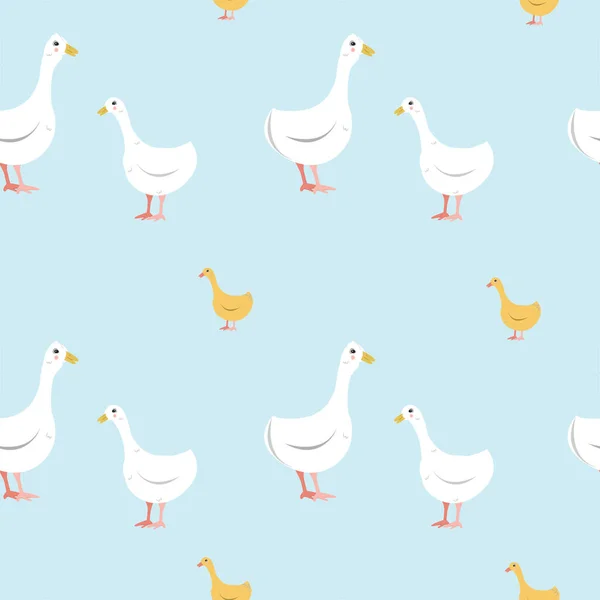 蓝色背景上的鹅和鹅群的无缝图案 用于在织物 背景屏幕保护程序上打印的简约打印 可爱的小鸟矢量图解 卡通风格L — 图库矢量图片
