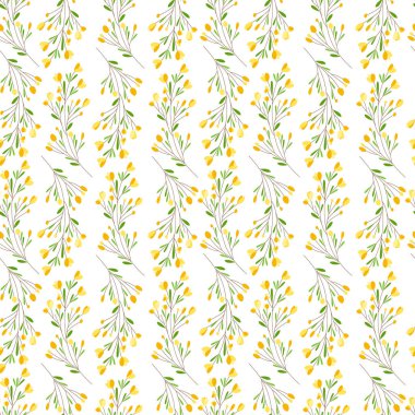 Kusursuz desenli mimoza biçimlendirildi. Bitkilerin dalları, sarı çiçekler, beyaz arka planda küçük yapraklar. Güzel, kumaş, kağıt ve iç dekorasyon üzerine basım için bir süs. Vektör illüstrasyonu