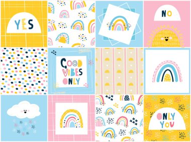 Scandi tarzında 12 çocuk kartı. 4 pürüzsüz kalıp, 3 harf, sevimli güneş, gökkuşağı, bulut. Bebek tekstil tasarımı, hatıra defteri, doğum günü, parti, çocuk odası. Vektör illüstrasyonu, elle çizilmiş