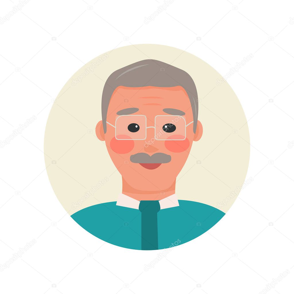 avatar gray-haired man with mustache wearing glasses. Nice character. Profile of a pensioner, grandfather for the design of thematic forums, sites, social services. Vector illustration, flat