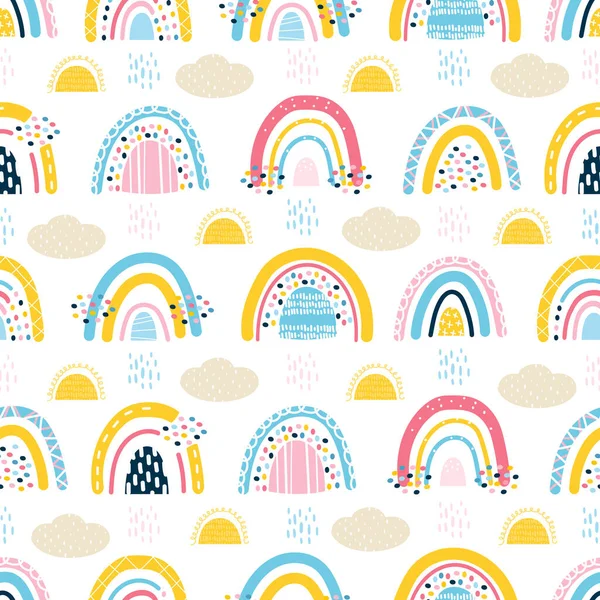 Cute Seamless Pattern Baby Rainbows Clouds Sun Rain Stylized Child — Stockvector