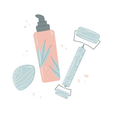 Face roller, guasha scraper massager, herbal serum. Self-care kit for your skin. Instruments for lymphatic drainage massage. Anti age, lifting and toning care at home. Vector illustration, flat