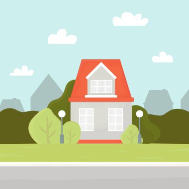 Kırmızı çatılı iki katlı bir ev, büyük pencereli, çimenlerde fenerler. Güzel, rahat bir ev. Çeşitli tasarımlar için evrensel bir arka plan. Vektör illüstrasyonu, düz