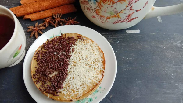 Mini Photo Martabak Chocolate Topping Grated Cheese Found Cup Hot — ストック写真