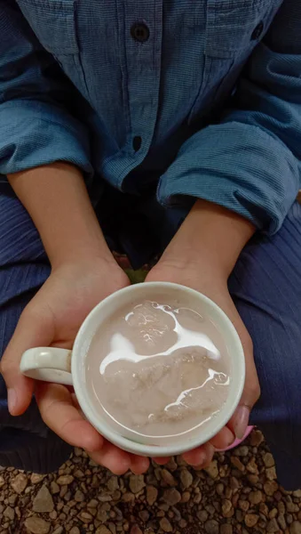 Someone Holding Cup Soy Milk — Fotografia de Stock