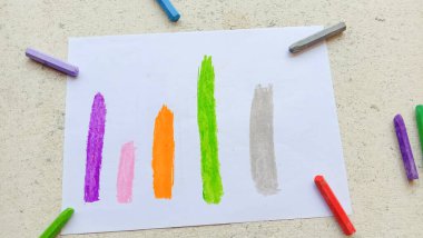 Kağıdın kenarında turuncu ve sarı renkli boya kalemi olan bir kağıt.