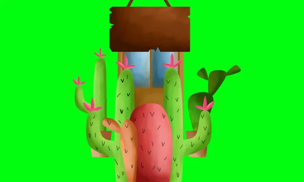 Design Acquerello Con Oggetti Vegetali Ornamentali Cactus — Foto Stock