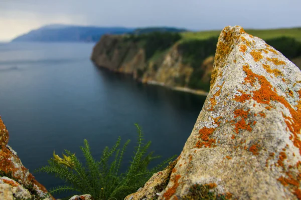 Detailní Záběr Bílého Kamene Červeným Mechem Pozadí Tmavého Jezera Bajkal — Stock fotografie